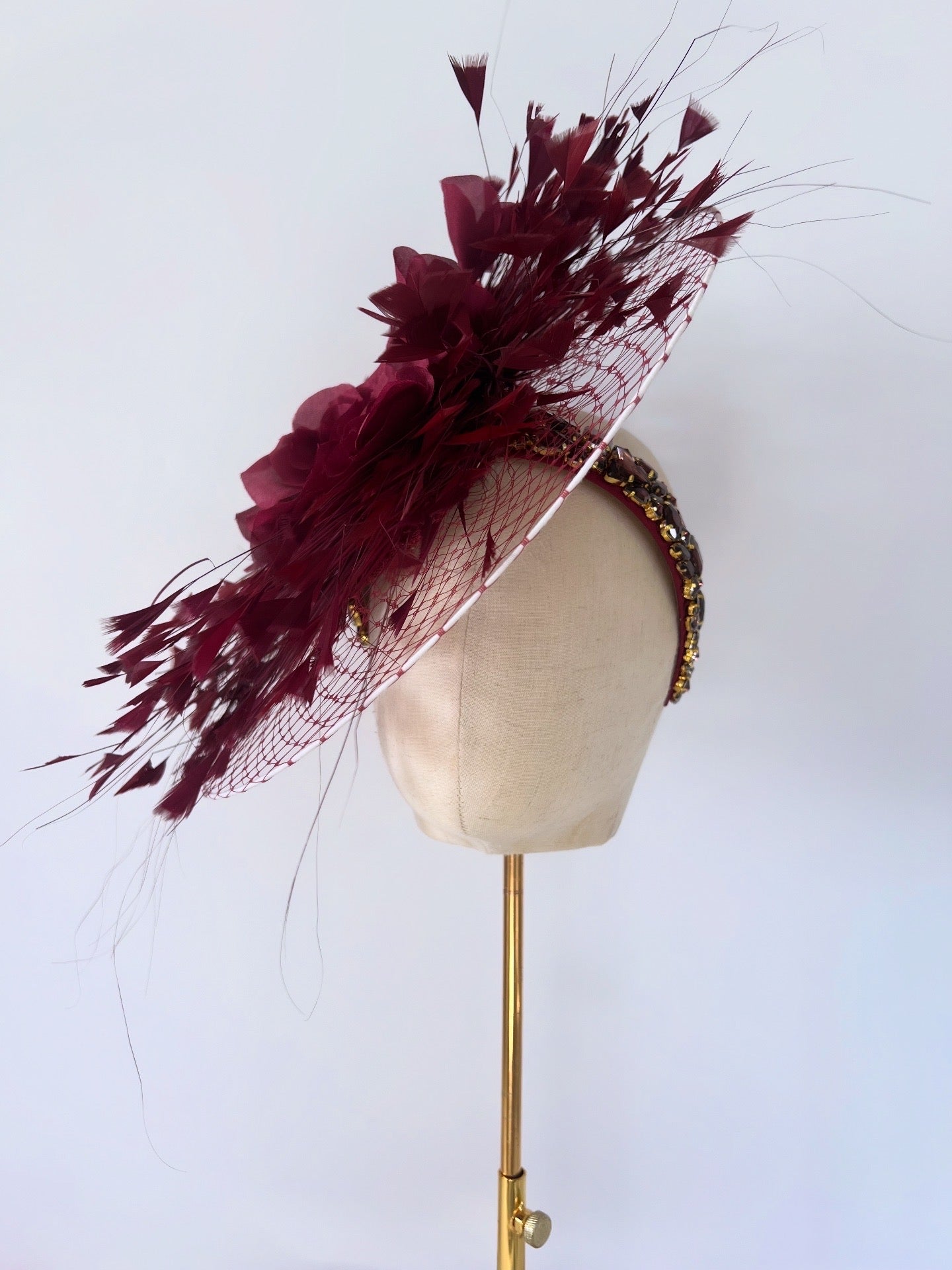 Headpiece with Feathers, Flowers and Diamond Headband in Wine