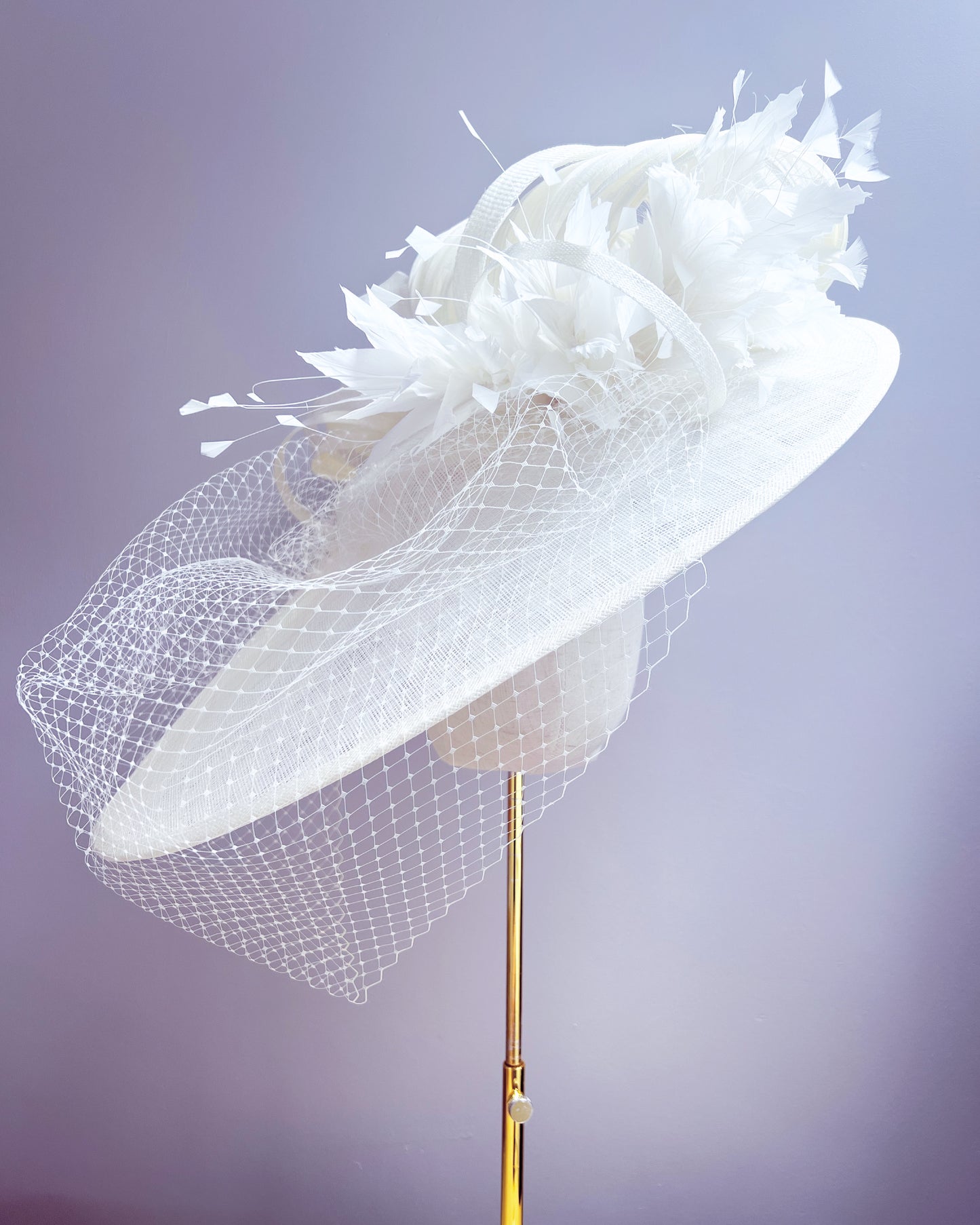 Large Hat with Sinamay Swirls, Silk Abaca, Feathers and Veiling