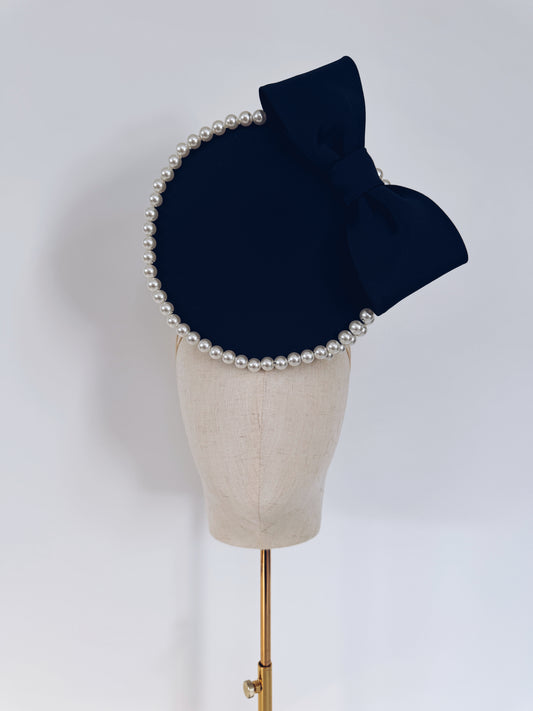 Navy satin headpiece with pearls 