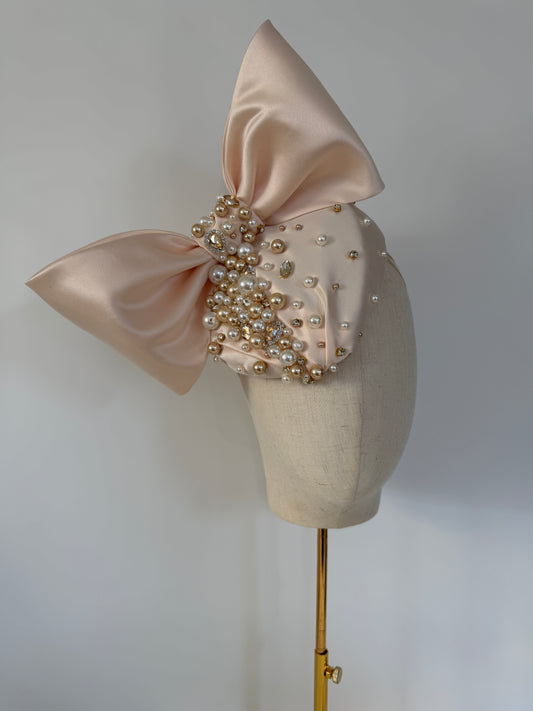 Champagne satin headpiece with matching gloves