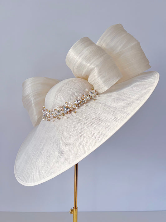 Large Hat with Silk Abaca Bow and Beads