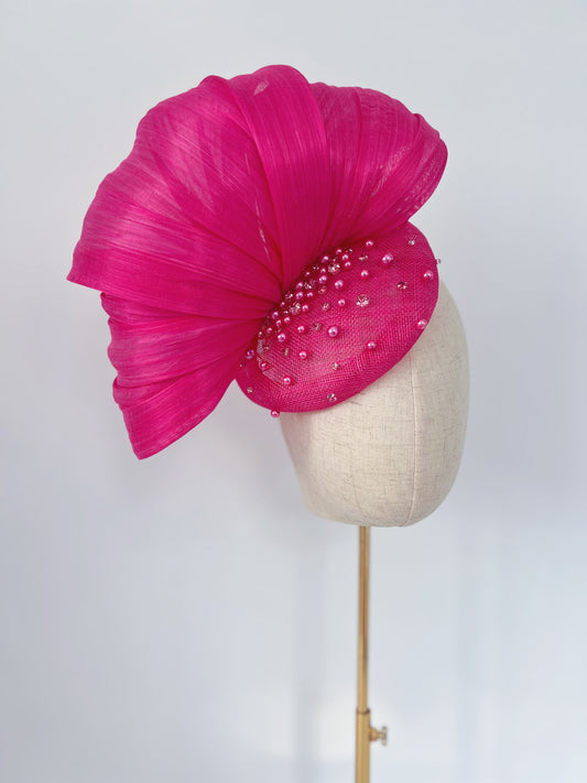 Bespoke Silk Abaca Headpiece in Fuchsia