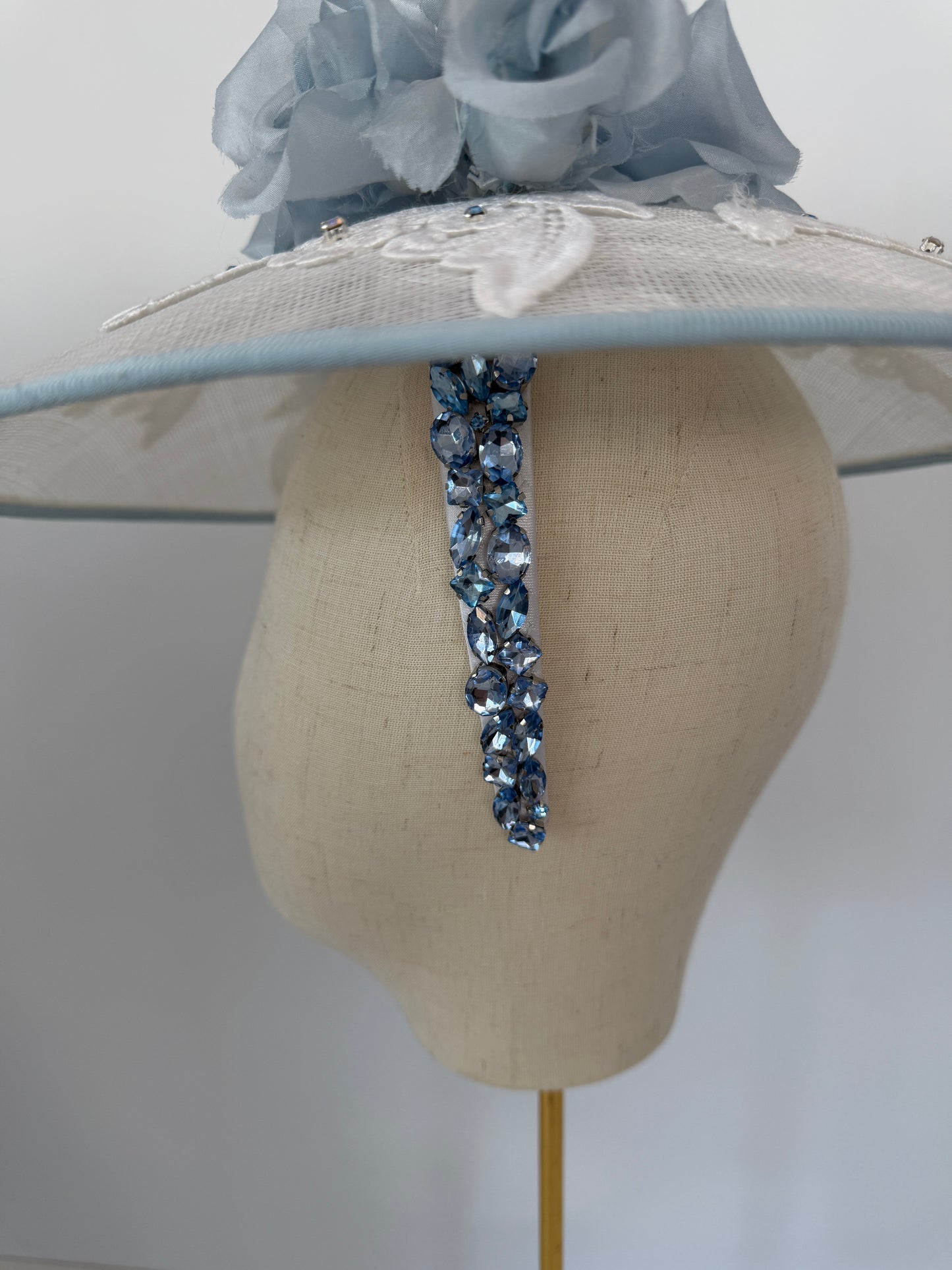 White & Blue Headpiece with Lace, Flowers and  Rhinestones