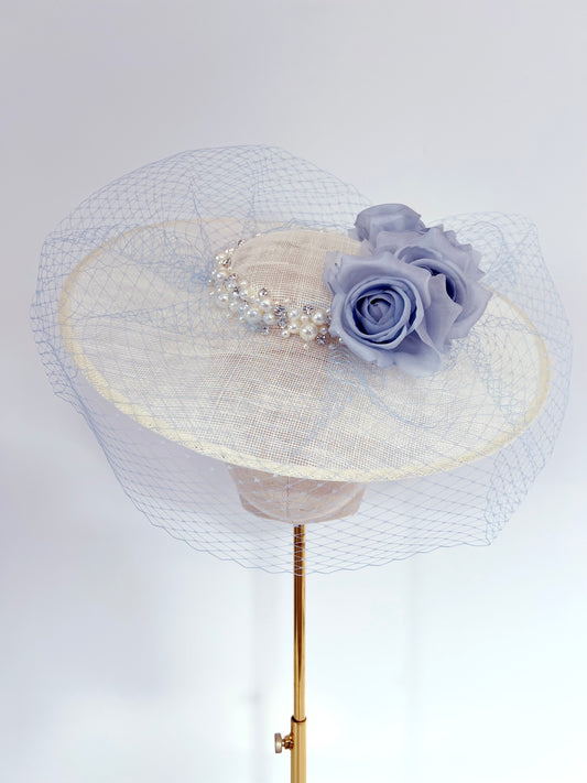 Ivory Hat with Flowers, Veiling and Beads