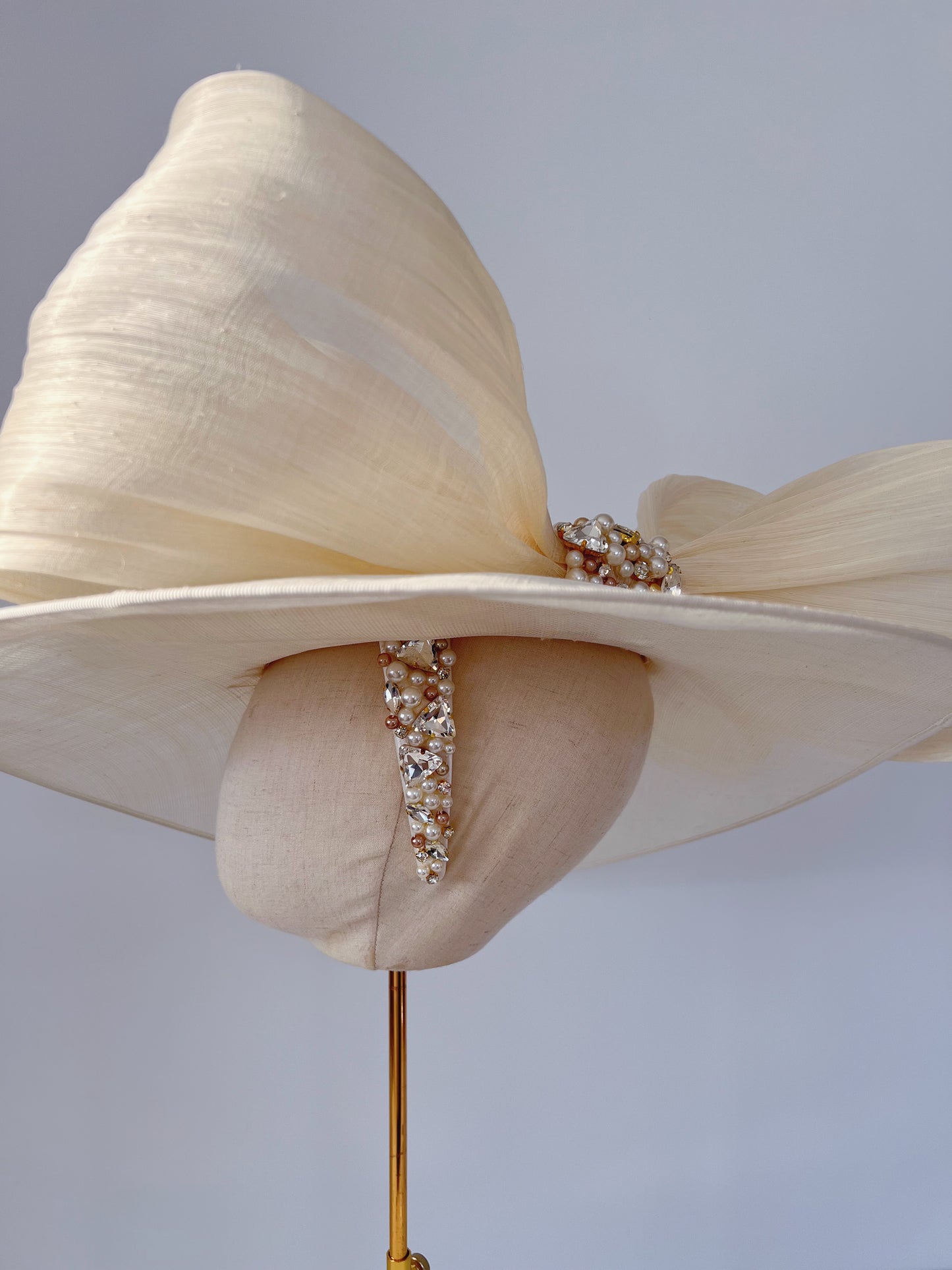 Large Hat with Silk Abaca Bow and Beads