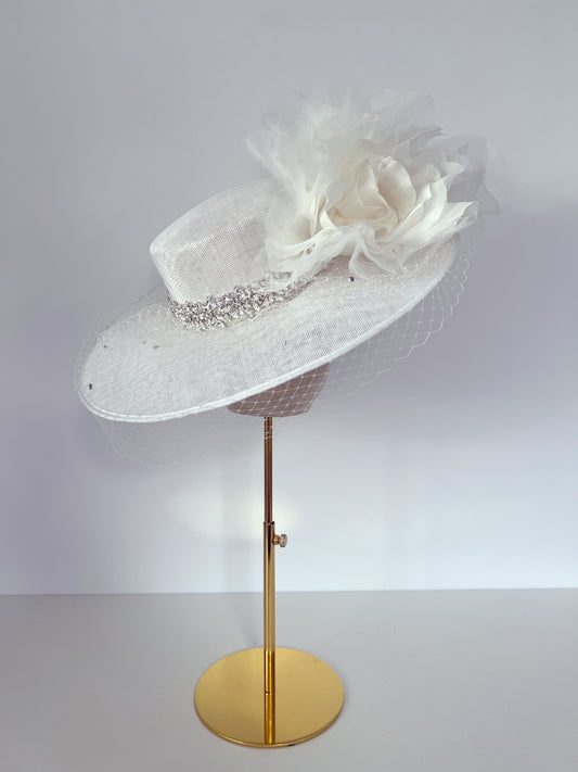 Large Boater with Flowers in Off White
