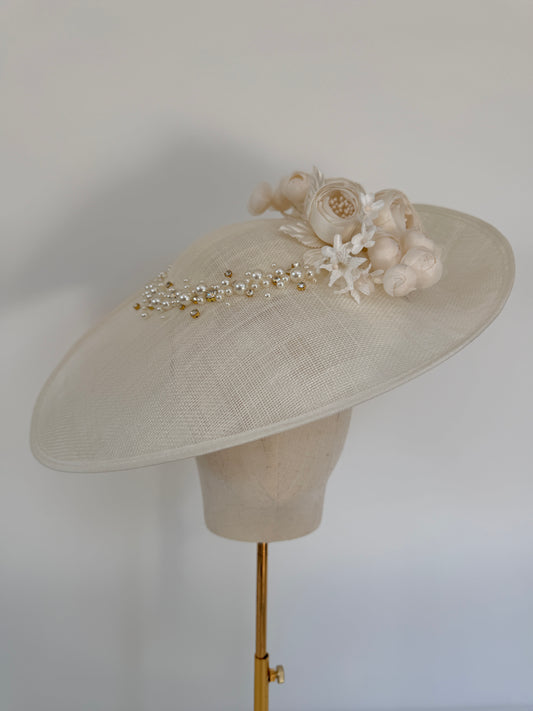 Ivory Hat with Flowers, Pearls and Crystals