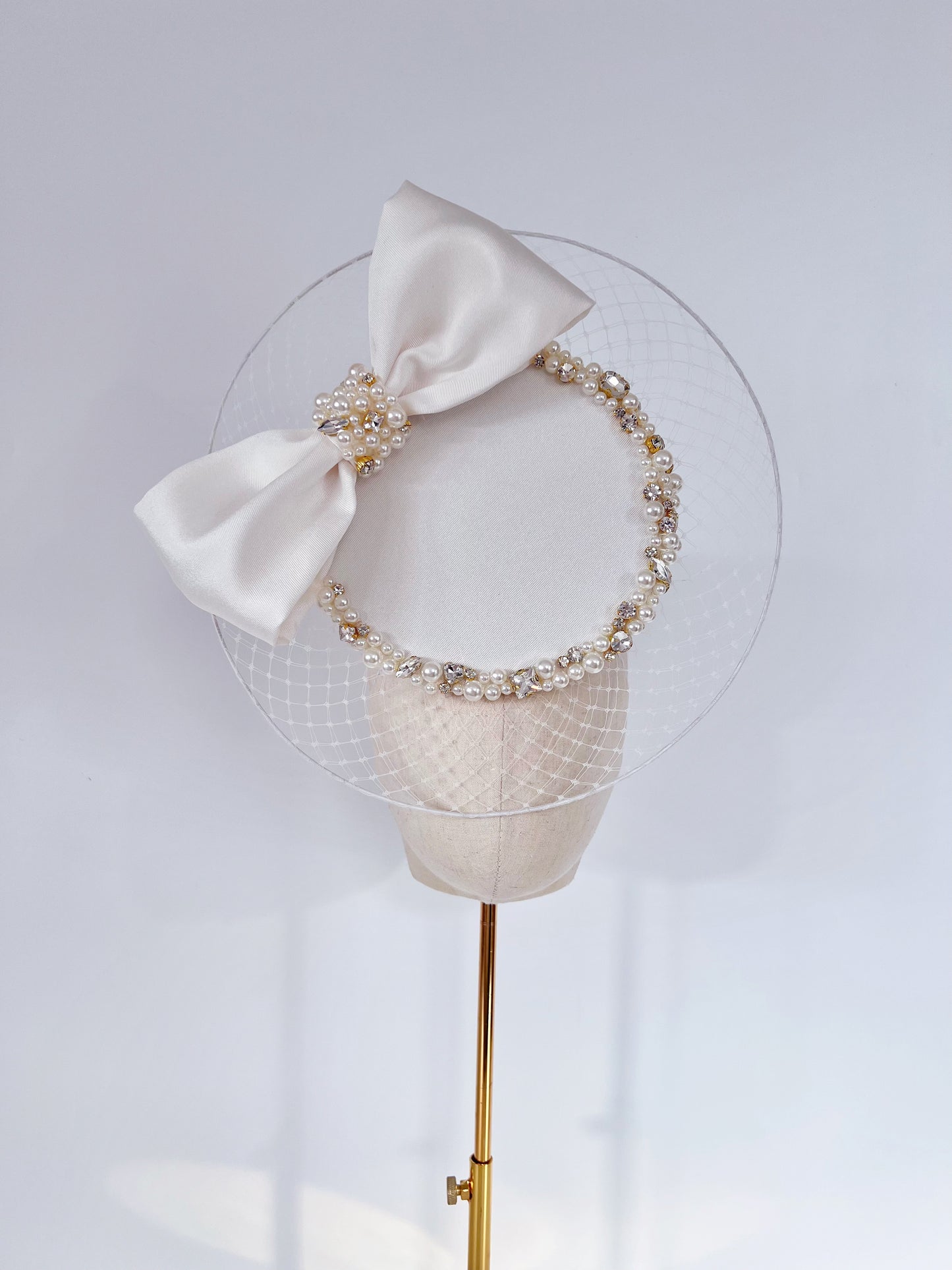 Satin Round Headpiece With Bow and Beads