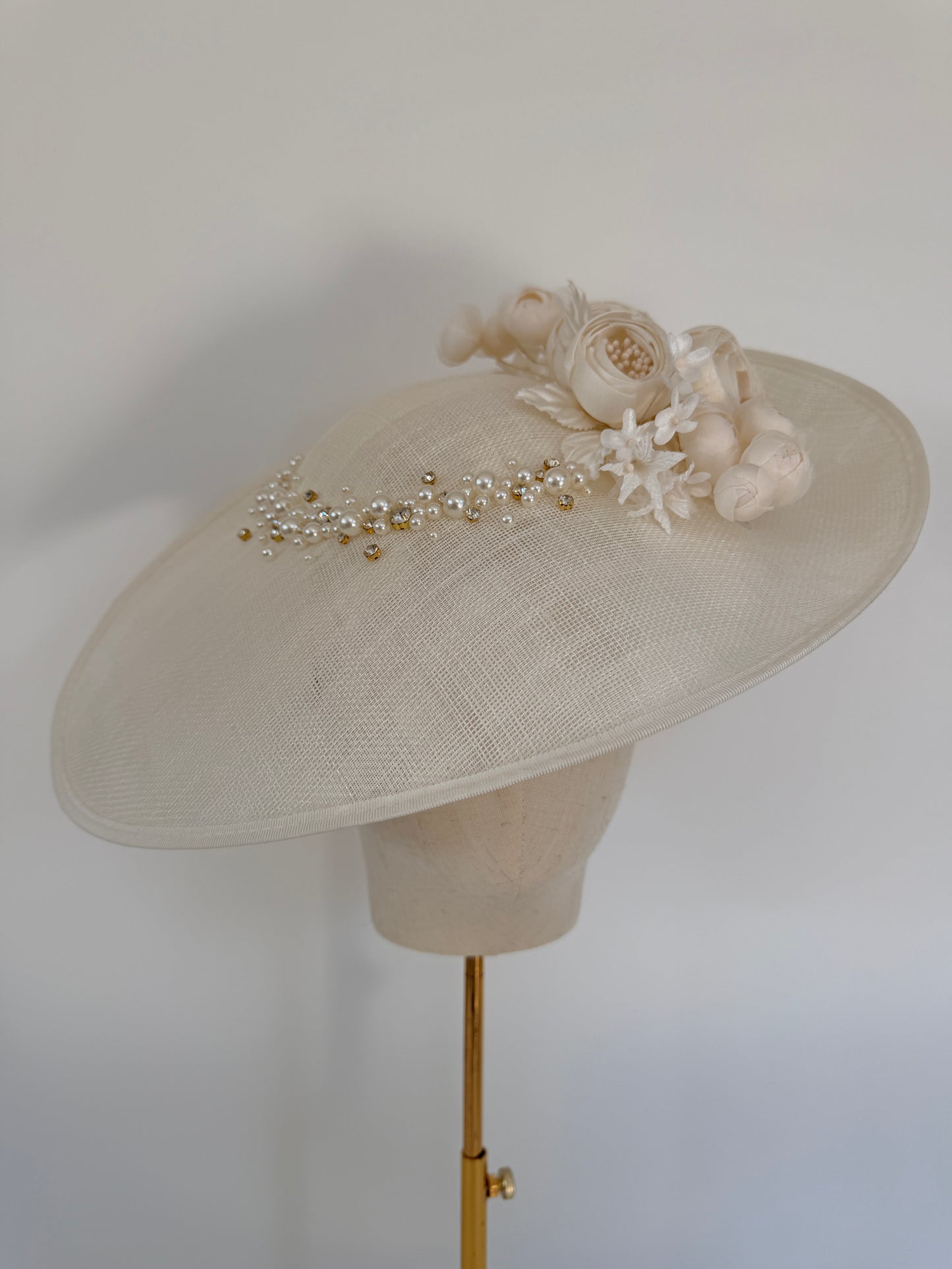 Ivory Hat with Flowers, Pearls and Crystals