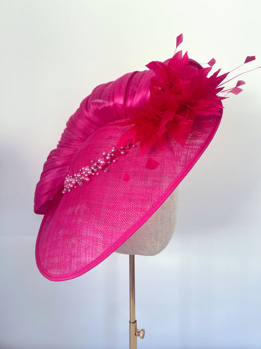 Hat with Silk Abaca, Feathers and Beads in Fuchsia