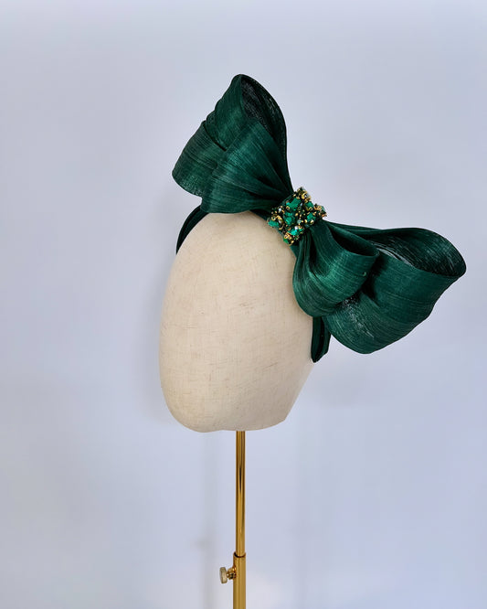 Silk Abaca Bow Headband in Forest Green