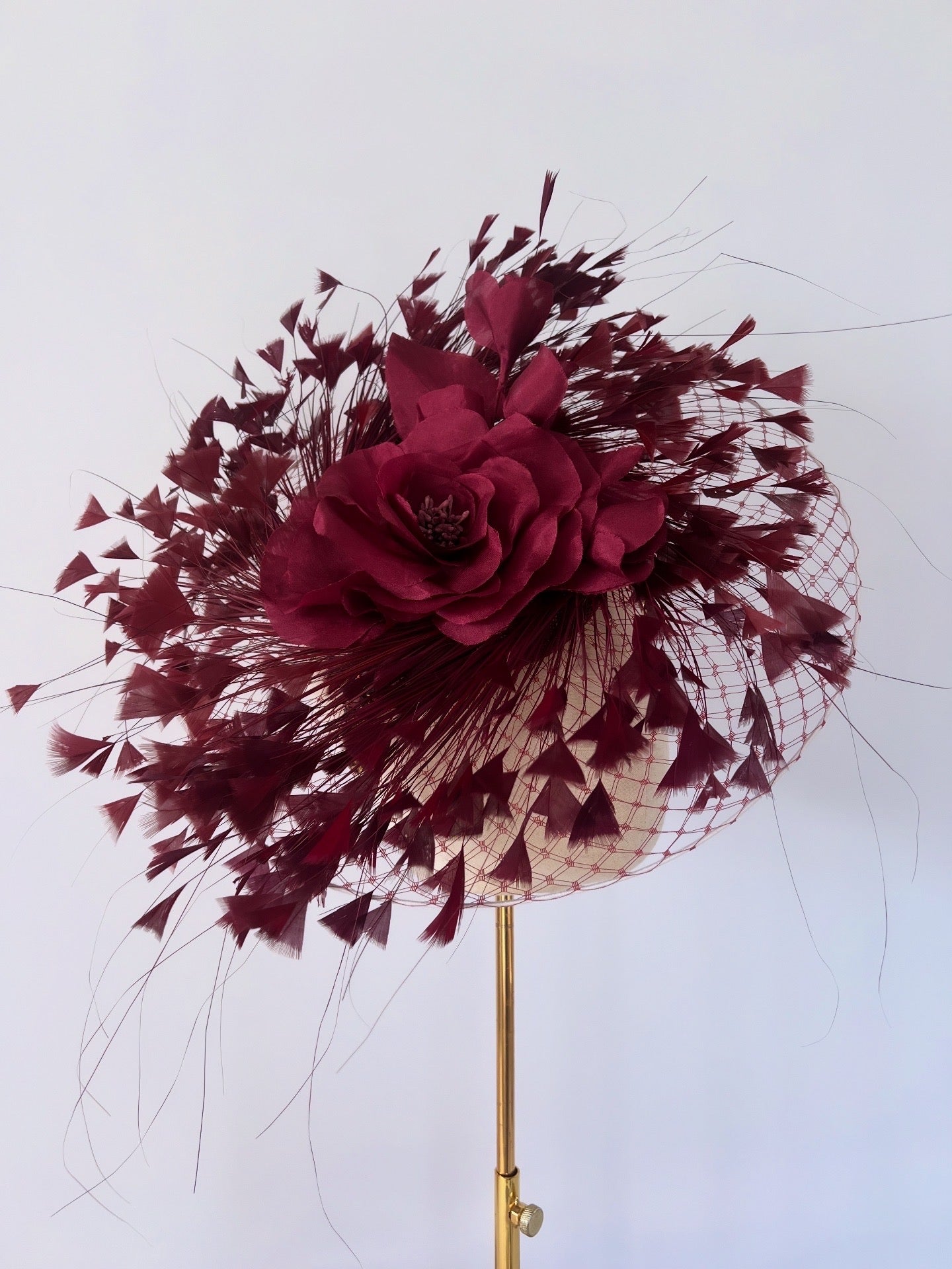 Headpiece with Feathers, Flowers and Diamond Headband in Wine