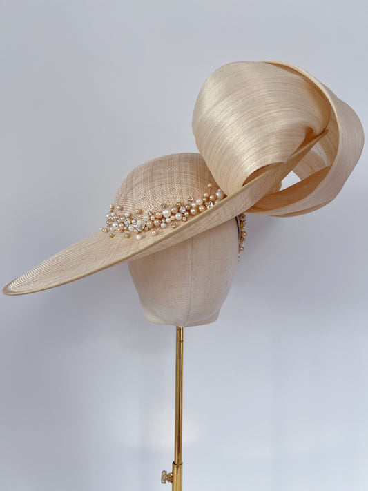 Extra Large Hat in Natural/ Nude with Silk Abaca and Beads