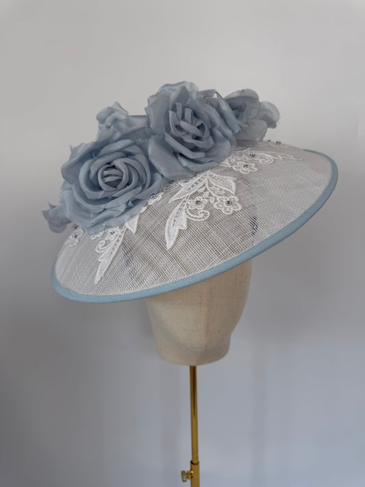 White & Blue Headpiece with Lace, Flowers and  Rhinestones