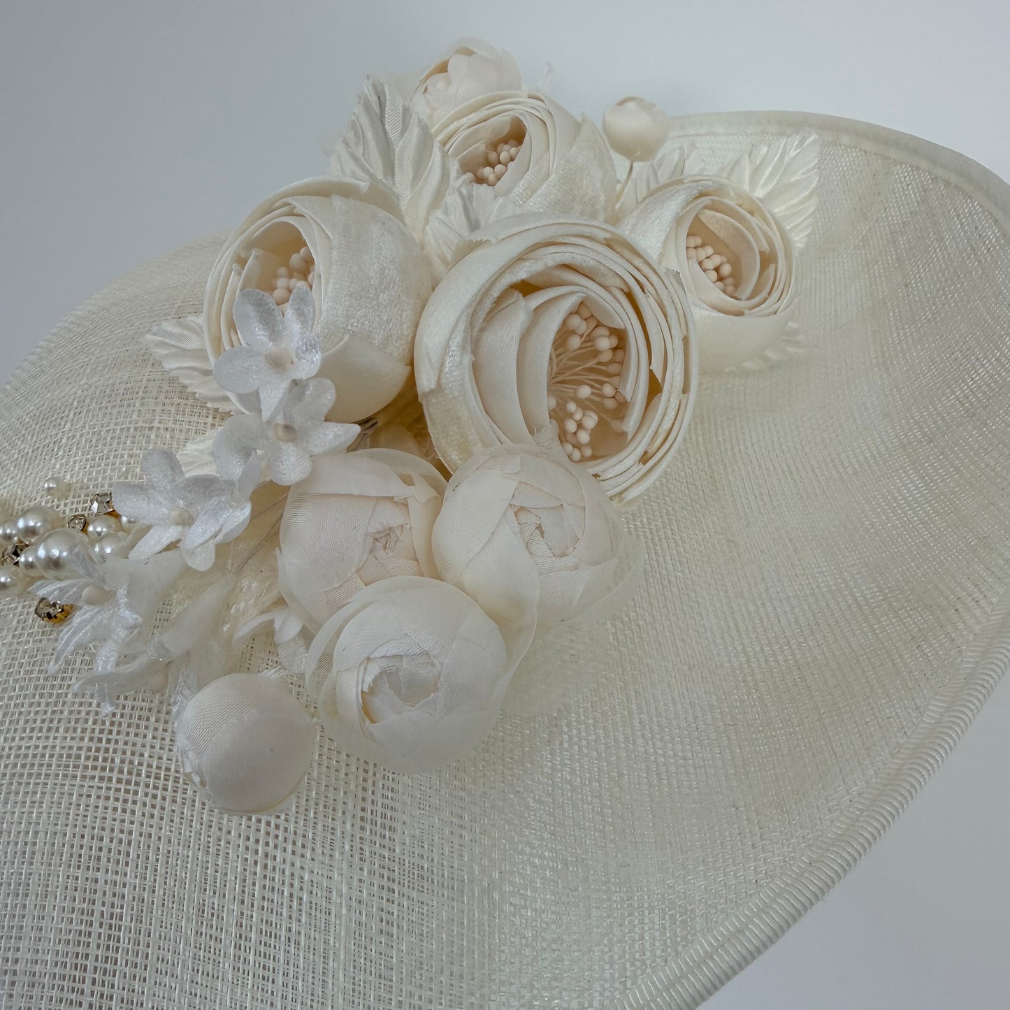 Ivory Hat with Flowers, Pearls and Crystals