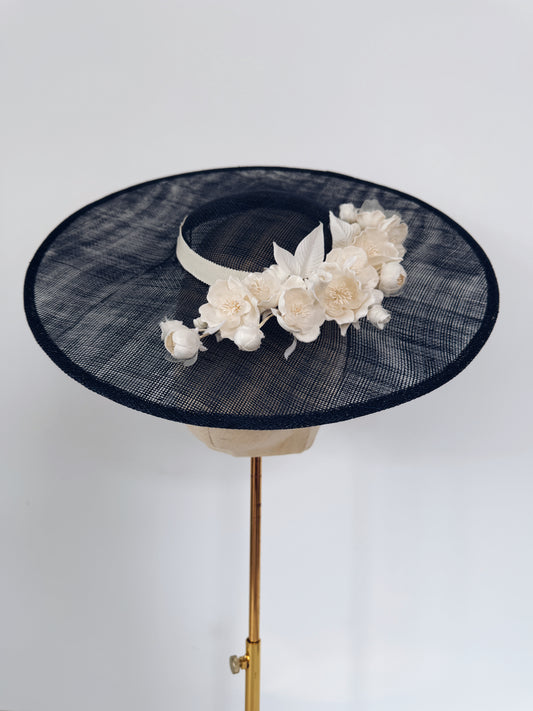 Hat in Navy with Cream Flowers