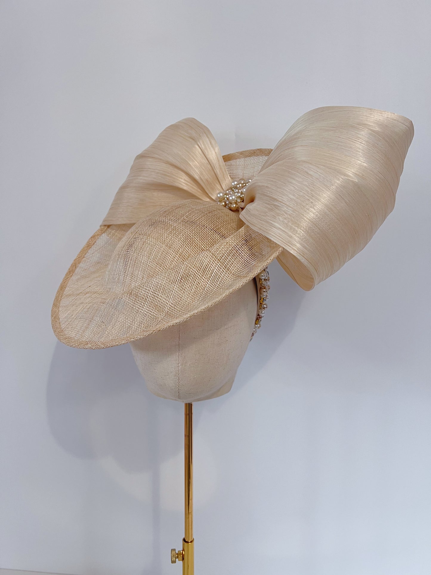 Hat in Champagne with Silk Abaca and Pearls