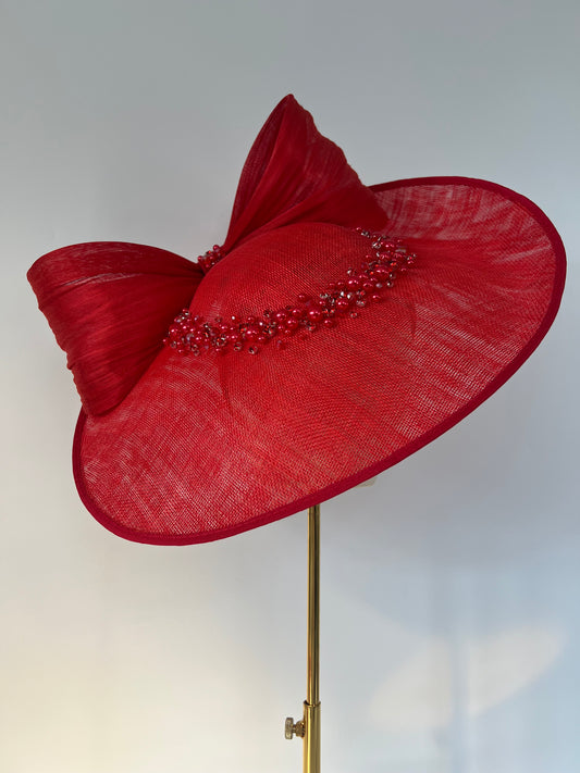 Hat with a Bow and Crystals in Red