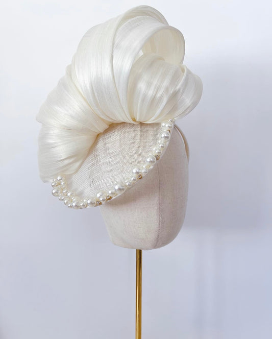 Silk Abaca Headpiece Adorned with Pearls and Rhinestones